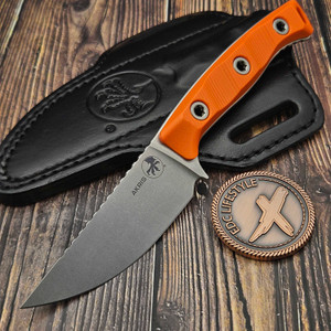 Microtech Akris Fixed Blade Ember G-10 3.7" Stonewash M390MK W/ Black Leather Sheath 95-10EM-2