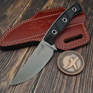 Microtech Akris Fixed Blade Black G-10 3.7" Stonewash M390MK w/Black Cherry Leather Sheath 95-10BK-3 by EDC Lifestyle
