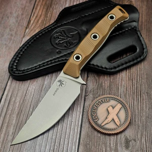 Microtech Akris Fixed Blade Dark Earth G-10 3.7" Stonewash M390MK w/Black Leather Sheath 95-10DE-2 by EDC Lifestyle