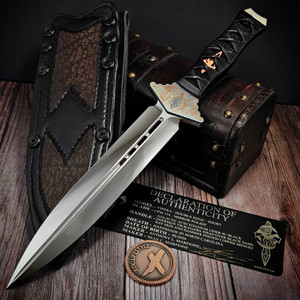 Marfione Custom/Sean Marfione Vipera D/E Mirror Polish Short Sword Black Leather Tsuka Wrap w/Black Ray Skin Inlay