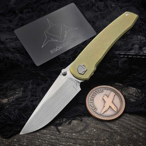 Sharknivco PJ Waka Khaki Barked Titanium Handle Frame Lock RWL34 Hand Satin Blade