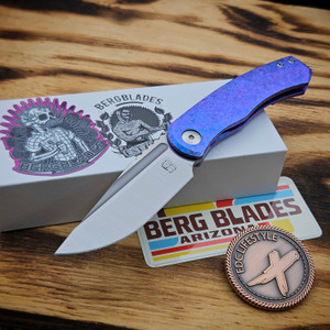 BergBlades Mini Alpha Frame Lock Crystalized Ti Blurple Anodized 3.1" S90V Belt Satin by EDC Lifestyle