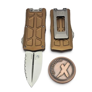 Microtech Exocet II Tan 2.31" D/E Stonewash Full Serrated OTF Money Clip 1157-12TA by EDC Lifestyle