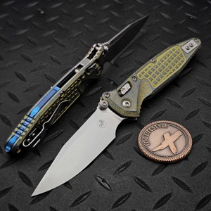 Microtech Socom Ram-Lok Galactic Gold Frag Pattern Titanium w/Blue TI Accent 4.00" Clip Point Stonewash 160RL-10FRMS12 By Edc Lifestyle
