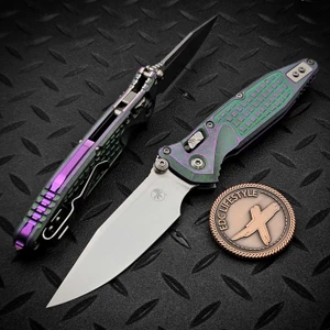 Microtech Socom Ram-Lok Nebula Green Frag Pattern Titanium w/Purple TI Accent 4.00" Clip Point Stonewash Marfione Select 160RL-10FRMS14 By Edc Lifestyle