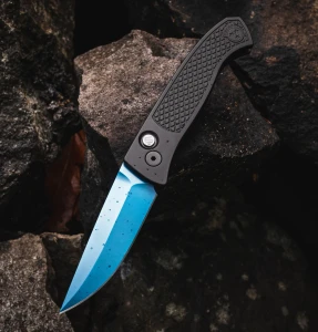 Pro-Tech Knives Brend Classic Auto Black Diamond Texture W/ Abalone Button 3.35" Sapphire Blue WB1106-SB