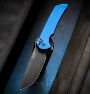Pro-Tech Knives Mordax Blue Button Lock Flipper 3.5" DLC Black MX103-LTDBlue
