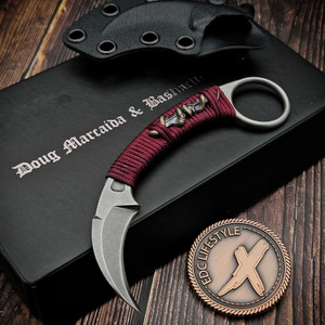 Bastinelli Knives Pika Stonewash Fixed Blade Red Tsuka Wrap w/Bronze Snake Menuki