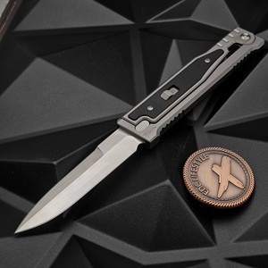 Reate Knives EXO Gravity Knife Black Micarta Titanium Bead Blast Handle, Elmax Stonewashed Flats Double Edge 3.75" Satin Blade