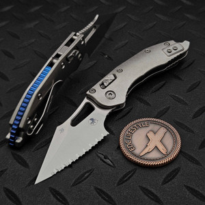 Microtech M-Stitch Ram-Lok Titanium Slab Side Stonewash 3.0" S/E  Full Serrated Blue Ti Accent Marfione Select 169MRL-12MS2 by EDC Lifestyle