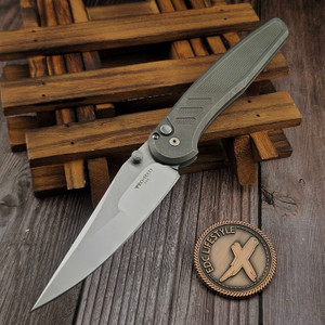 Pro-Tech 2026 Custom 001 Avalon Knurled 17-4 Steel Handle Mike Irie 4.25" Mirror Polished 154CM Compound Grind Blade Show West 2026