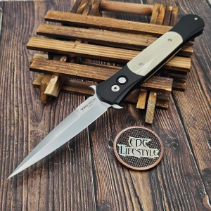 Pro-Tech Knives Large Don Fully 3D Machined, Tuxedo Black Handle Ivory Micarta Inlays, 4.5" Satin Blade 1951