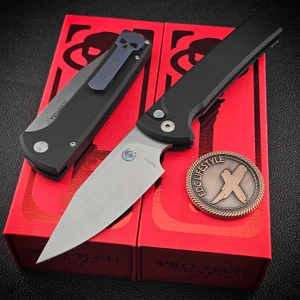 Chaves Knives Pro-Tech Full Size Black Scapegoat Auto 3.75" Stonewash Magnacut Black Lip Pearl Button Blue Ti Pocket Clip Blade Show West 2026