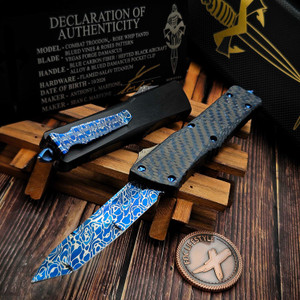 Marfione Custom/Sean Marfione Combat Troodon Gen 2 Blued Vines & Roses Vegas Forge Damascus Rose Whip Tanto Blued Carbon Fiber Top Blued Damascus Pocket Clip w/Blue Ti HW