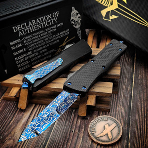 Marfione Custom/Sean Marfione Combat Troodon Gen 2 Blued Vines & Roses Vegas Forge Damascus Rose Whip Tanto Black Carbon Fiber Top Blued Damascus Pocket Clip w/Blue Ti HW