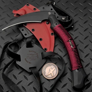 Bastinelli Knives Reapertac Scythe Black G10 6.7" Red Twist Wrap + Menuki