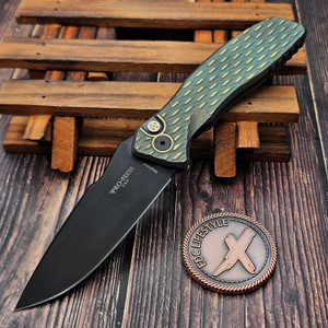 Pro-Tech Knives Custom Pallas Auto - Spartan Blades Distressed Green/Gold Lattice Textured 6ALV4 Ti W/ Mosaic Button 3.7" DLC Magnacut CCKS 2026
