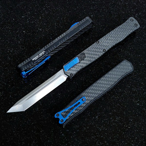 Heretic Cleric II Tanto Stonewash Carbon Fiber w/Blue Ti Accents H019-2A-CF/BLU