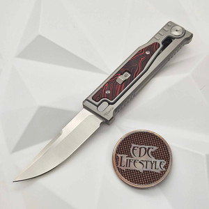 Reate Knives Exo-M Gravity Knife Red/Black G-10 Damascus Pattern 6AL4V Titanium Bead Blast Handle, ELMAX Satin Single Edge 3.125" Blade