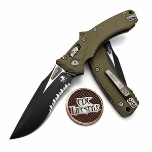 Microtech Amphibian Manual Ram-Lok OD Green Fluted G-10 3.88" S/E Partial Serrated Black 137RL-2FLGTOD By Edc Lifestyle