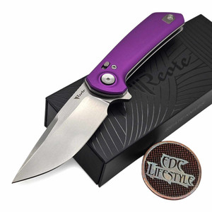 Reate Knives PL-XF Flipper Button Lock Purple Aluminum Handle 3.4" Stonewash Blade Satin Flats
