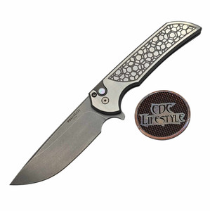 Pro-Tech Knives Mordax Custom Hardened 17-4 Stainless steel 2-tone Gridlock Textured Handles, 3.5" Stonewash Magnacut Blade, Satin HW, Pearl Button, Blasted Clip 2024-MordaxCustom-002