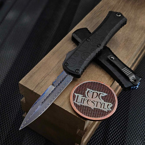 Microtech Mini Hera II 1701M-16MS2 Bayonet Signature Series Claw Burst Deep Engraved Blued Vegas Forge Damascus Alloy DLC Hard Cut Stainless