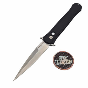 Pro-Tech Knives Large Don Black Full 3D Machined Curved Handle, Mother of Pearl Button, Satin Blade