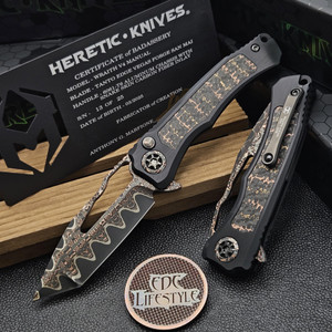 Heretic Custom Knives Wraith V4 Manual Tanto Vegas Forge Damascus w/Snake Skin