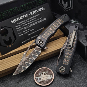 Heretic Custom Knives Wraith V4 Manual Bowie Vegas Forge Damascus w/Snake Skin