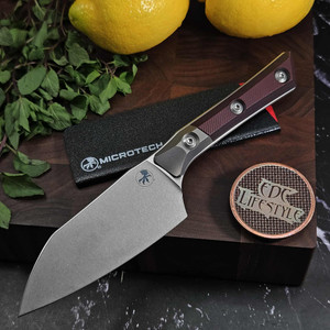 MICROTECH KNIVES 4.2" M390 SANTOKU KNIFE STONEWASH STANDARD TITANIUM BOLSTER BLACK CHERRY G-10 3300B-10BC