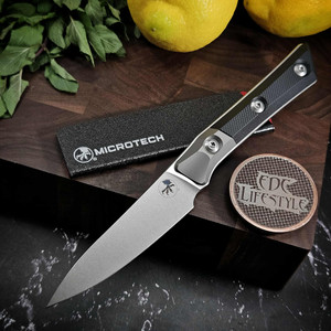 MICROTECH KNIVES 3.5" M390 PAIRING KNIFE STONEWASH STANDARD TITANIUM BOLSTER BLACK G-10 3500B-10BK