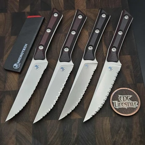 MICROTECH KNIVES 4.5" M390 STEAK KNIFE SET STONEWASH FULL SERRATED BLACK CHERRY G-10 3600-12SETBC