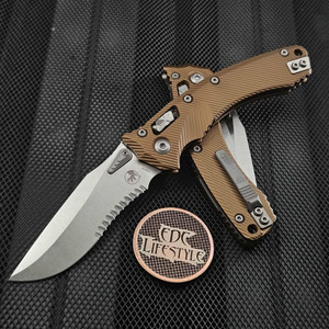 Microtech Amphibian Ram-Lok 137RL-11FLTA Tan Fluted Aluminum Partial Serrated Stonewash Standard