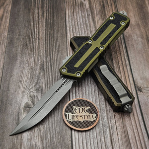 Front view of Microtech Scarab II OD Green Gen III with apocalyptic double edge serrated blade, model 1180-10APOD.