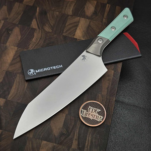MICROTECH KNIVES 8" M390 CHEF KNIFE STONEWASH STANDARD TITANIUM BOLSTER CARIBBEAN BLUE G-10 3000B-10CA