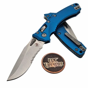 Microtech Amphibian Manual Ram-Lok Blue Fluted Aluminum 3.88" S/E Partial Serrated Stonewash 137RL-11FLBL By Edc Lifestyle