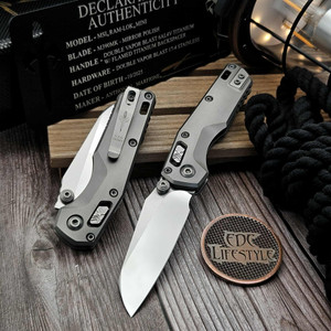 Marfione Custom MSI RAM-LOK Mini Mirror Polish Blade, Double Vapor Blast Titanium & Stainless, Flamed Backspacer