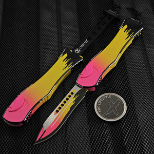 Heretic Knives Hydra V4 Single Action Auto Pink Lemonade CEL Shading 3.75" Recurve Magnacut H408-CS-PL