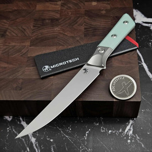 MICROTECH KNIVES 6.125" M390 BONING KNIFE STONEWASH TITANIUM BOLSTER CARIBBEAN BLUE G-10 3100B-10CA