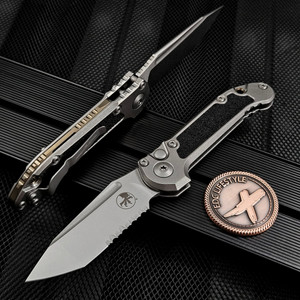 Microtech LUDT Titanium Textured Inlay T/E Full Serrated Stonewash