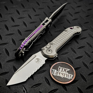 Microtech LUDT Titanium Frag T/E Full Serrated Stonewash 1136-12FRMS3 Purple Ti Accent
