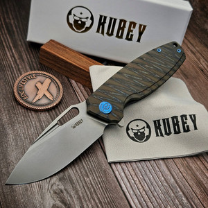 Kubey Tityus Frame Lock Flipper Folding Knife Flame 6AL4V Contoured Titanium Handle 3.39" Bead Blasted 14C28N KB360E - Preowned