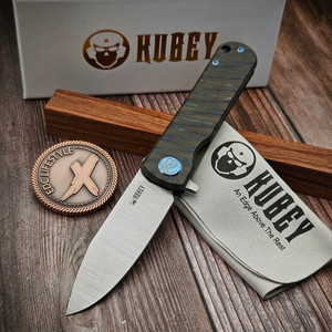 Kubey NEO Flipper Folding Pocket Knife Flame Titanium Handle 2.99" Belt Satin S35VN Blade KB359B - Preowned