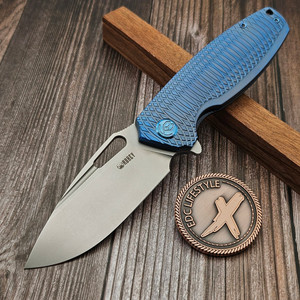 Kubey Tityus Frame Lock Flipper Folding Knife Blue Pattern Titanium Handle 3.39" Beadblast 14C28N KB360F - Preowned
