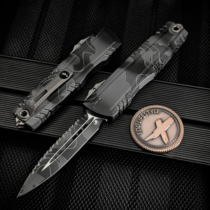 Microtech Knives Surefire Luminary D/E Full Serrated ZBP 1270-3TPUCS Topographic Urban Camo Signature Series Tritium Button Insert