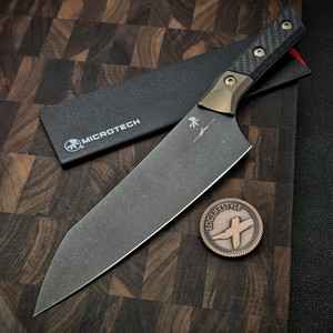 MICROTECH KNIVES 8" M390 DLC CHEF KNIFE BRONZE TITANIUM BOLSTER CARBON FIBER 3000B-1DLCCFS