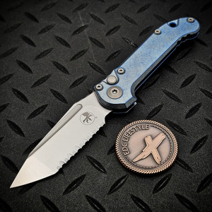 Microtech LUDT Ice Blue Titanium Slab Side T/E Full Serrated Stonewash 1136-12MS11