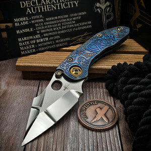 Marfione Custom Borka Blades Samurai Stitch Mirror Polish Star Grind Titanium Folder