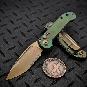 Microtech LUDT Antique Green Titanium Slab Side Bronzed Clip Point Stonewash 1135-14MS2 Bronzed Ti Accent Partial Serrated